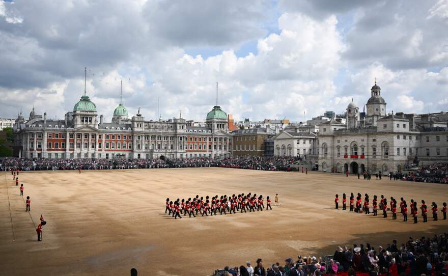The British Army's Household Division Foot Guards march during the queen's birthday parade.