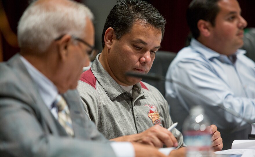 San Ysidro school trustee Marcos Diaz is shown at the school board's June 14, 2018, meeting.
