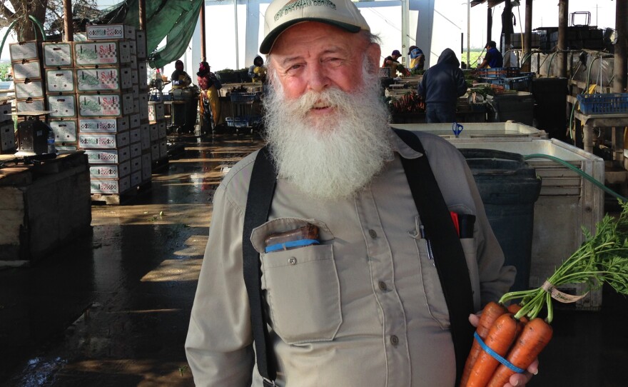 Tom Willey grows organic vegetables near Madera, California.  Because Willey grows a big variety of crops, about 50 people work there year-round.