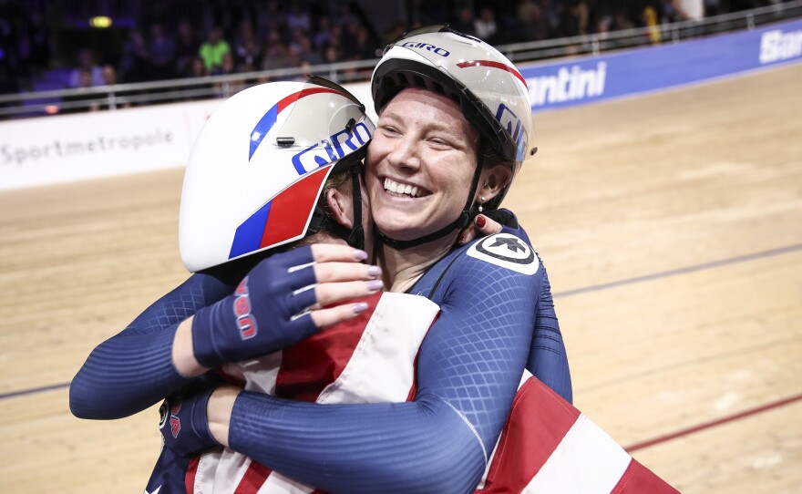 Lily Williams celebrates after the Women's Team Pursuit Finals during the second day of the UCI Track Cycling World Championships on Feb. 27, 2020, in Berlin.