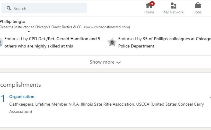 A LinkedIn profile for a Phillip Singto in the Greater Chicago Area lists experience as a firearms instructor at the Chicago Police Academy, and mentions "Oathkeepers" under the accomplishments section.