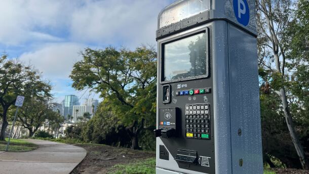 A new parking meter in Balboa Park stands beside a cement path on Jan. 7, 2026.