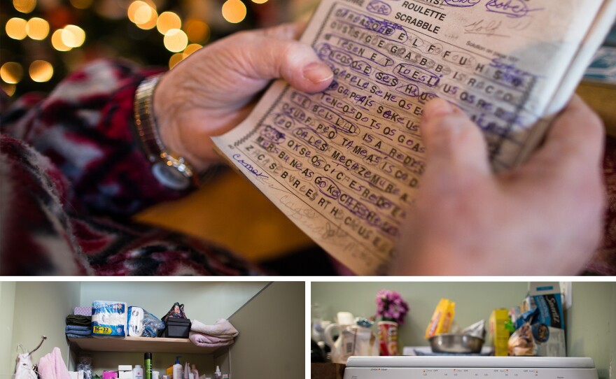 Helen spends hours a day working on word searches. In her specially-designed apartment, shelves are open so she can find what she needs. Knobs have been taken off the stove to prevent accidents.