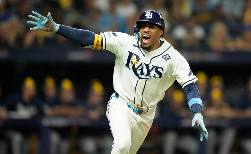 Tampa Bay Rays' Chandler Simpson celebrates during the 12th inning of Game 4 of baseball's World Series, Wednesday, Oct. 28, 2026, in St. Petersburg, Fla., between the Milwaukee Brewers and the Tampa Bay Rays.