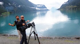 Rick's crew stands in front of a scenic view of the farthest point inland of Norway’s longest fjord — Sognefjord. After driving all day across Norway, from Oslo to the fjord country in the west, Rick and the crew descended from the mountains, and this was their very first fjord sighting. 