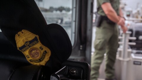 A CBP Border Patrol badge is shown at a press conference regarding the agency's new marine unit in San Diego County, Calif. June 22, 2021. 