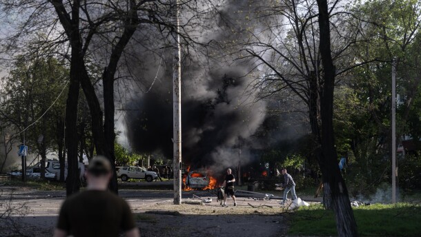 This photo provided by Ukraine's 93rd Kholodnyi Yar Separate Mechanized Brigade press service, shows the site of an aerial guided bomb strike after Russia's air attack in Kramatorsk, Donetsk region, Ukraine, Tuesday, May 5, 2026.