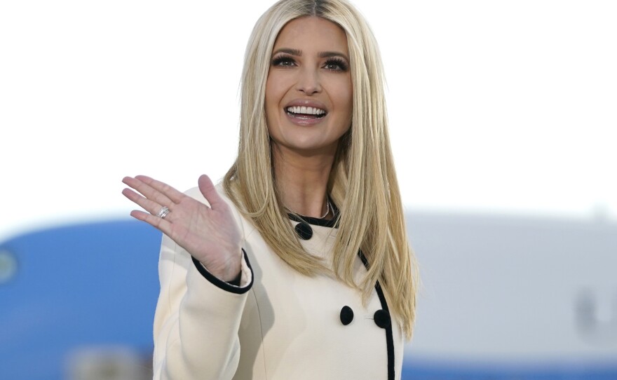 Ivanka Trump waves as she arrives at Joint Base Andrews in Maryland for US President Donald Trump's departure on January 20, 2021.