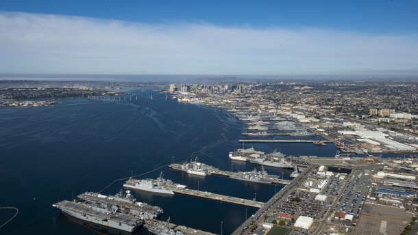 An aerial photo of Naval Base San Diego in San Diego, CA. 