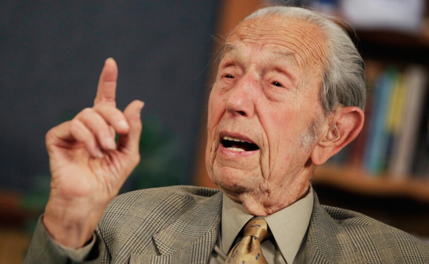 <p>Harold Camping speaks during a May 23, 2011, taping of his radio show <em>Open Forum </em>on the Family Radio Network.</p>