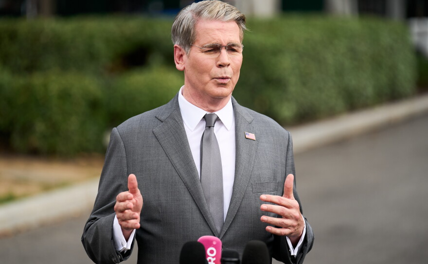 Treasury Secretary Scott Bessent speaks to members of the media outside the White House in Washington, Thursday, Aug. 20, 2026.