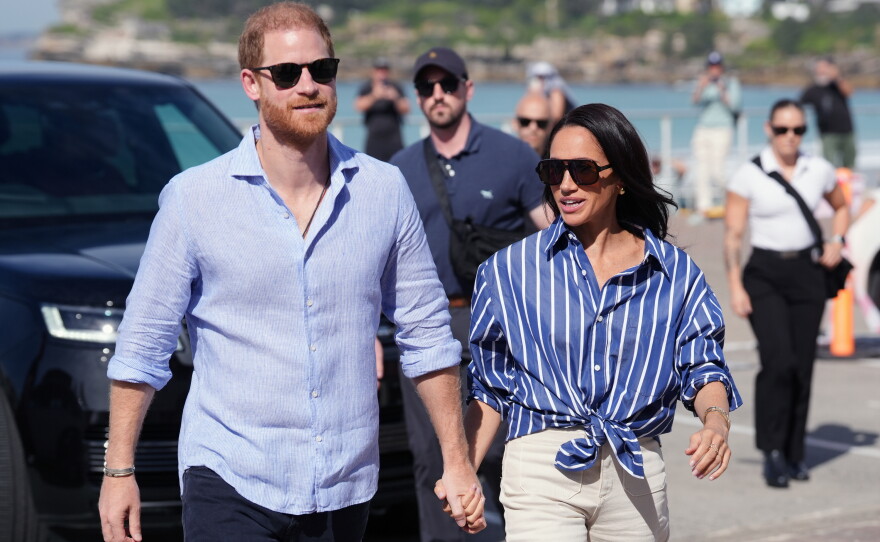 Prince Harry, and Meghan, the Duke and Duchess of Sussex, arrive for an event, during a visit to Bondi Beach, Australia, April 17, 2026.