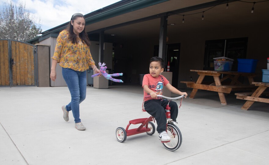 Yaneth Reyes Zacarías plays with her son Emmanuel, 4, at Operation HOPE in Vista on March 21, 2020. She has been staying at the shelter with her children for the past two months. 