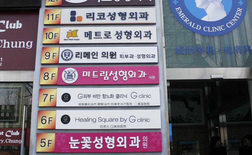 A floor-level guide to a multistory building in Seoul's Gangnam district shows a different cosmetic surgery clinic on every floor.