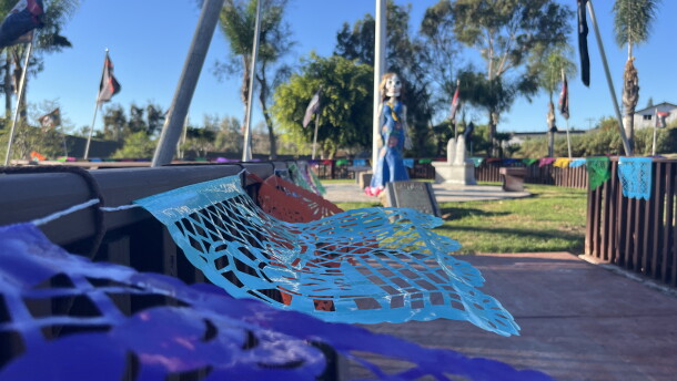 Papel picado, catrinas and other Dia de los Muertos decorations cover part of La Vista Memorial Park, Oct. 26, 2026.