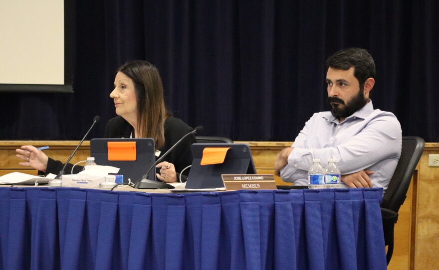 South Bay Union School District board members Cheryl Quinones and Jose Lopez Eguino attend a school board meeting on Thursday, March 5, 2026.