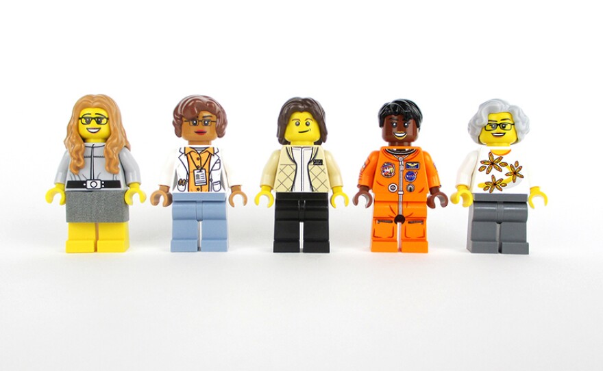 The Women of NASA featured in the Lego set are (left to right): computer scientist Margaret Hamilton, mathematician Katherine Johnson, astronaut Sally Ride, astronomer Nancy Grace Roman, and astronaut Mae Jemison.