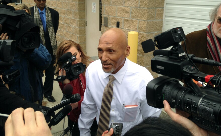 Joseph Sledge, 70, addresses members of the media after being released from jail in Columbus County, N.C., on Friday. He served nearly four decades behind bars for two slayings he didn't commit.