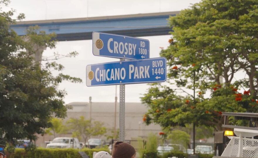The Chicano Park Boulevard sign is shown on