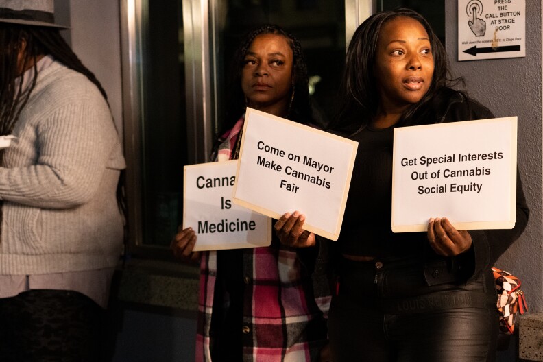 Cannabis equity advocates protest outside Mayor Todd Gloria's annual state of the city address at Balboa Theatre on Wednesday, Jan. 10, 2024.