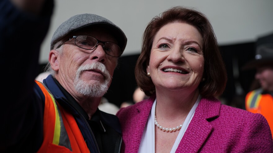 Toni Atkins with a supporter at the San Diego Air & Space Museum in San Diego, Calif. Jan. 19, 2024.