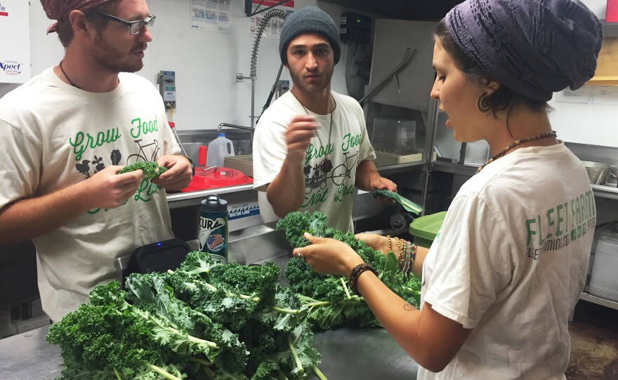 Fleet Farming volunteers Michele Bimbier, A.J. Azqeta and Blake Addington prepare freshly picked vegetables.