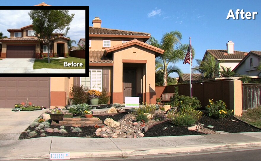 The new drought friendly lawn at the Chula Vista home of Troy Ray is shown alongside the home's old landscaping in this composite photograph.