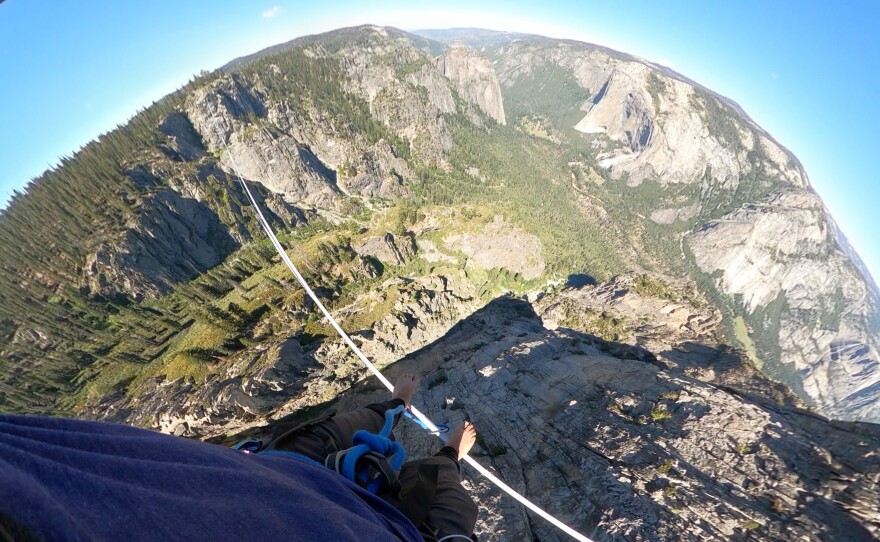The view from Moises Monterrubio's GoPro camera as he walks across the line.