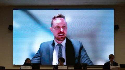 Board Member Rhys Williams appears on a screen during a California Environmental Protection Agency Board of Environmental Safety meeting at CalEPA headquarters in Sacramento on July 23, 2026. Williams attended the meeting virtually.