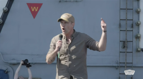 Defense Secretary Pete Hegseth talks to sailors and Marines on the USS Abraham Lincoln Oct. 7, 2026.