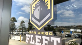 The San Diego Fleet logo is shown on a door of the team’s headquarters office in San Diego, April 2, 2019. 