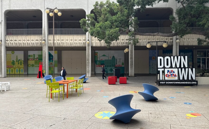 People walk through the public plaza outside Golden Hall in downtown San Diego on Jan. 21, 2026.