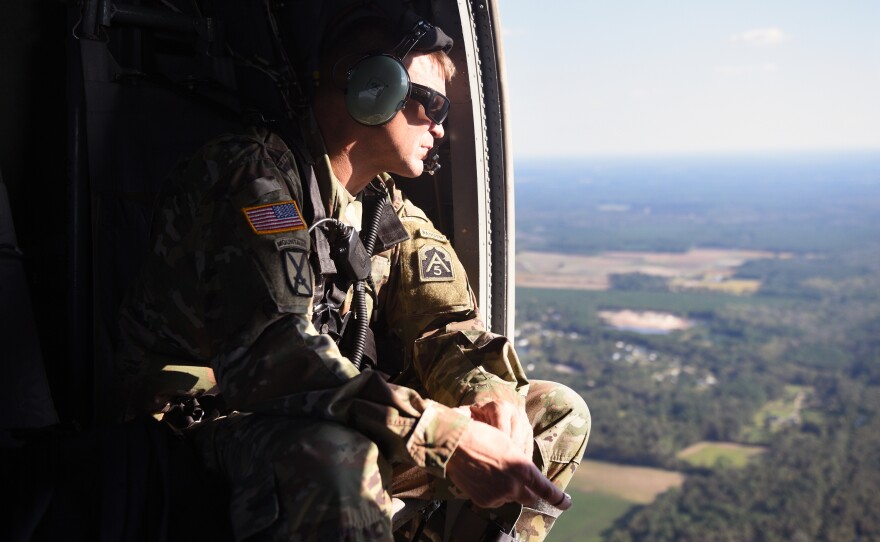 Lt. Gen. Jeffrey Buchanan surveys flooding and damage from Hurricane Florence during a helicopter ride from Raleigh to Wilmington, N.C., on Wednesday. Buchanan also assisted after Hurricane Maria in Puerto Rico.