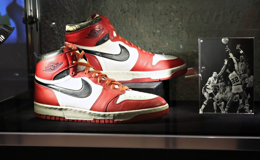 Michael Jordan's game-worn "Dunk Sole" Air Jordan 1 sneakers on display at Sotheby's in New York City in June 2021.