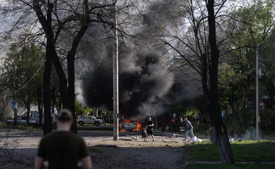 This photo provided by Ukraine's 93rd Kholodnyi Yar Separate Mechanized Brigade press service, shows the site of an aerial guided bomb strike after Russia's air attack in Kramatorsk, Donetsk region, Ukraine, Tuesday, May 5, 2026.