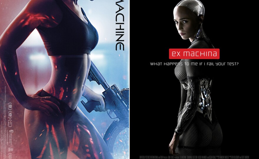 Comparison of the posters for the Welsh sci-fi action film "The Machine," and the new thriller "Ex Machina," both deal with artificial intelligence that crosses over into consciousness.