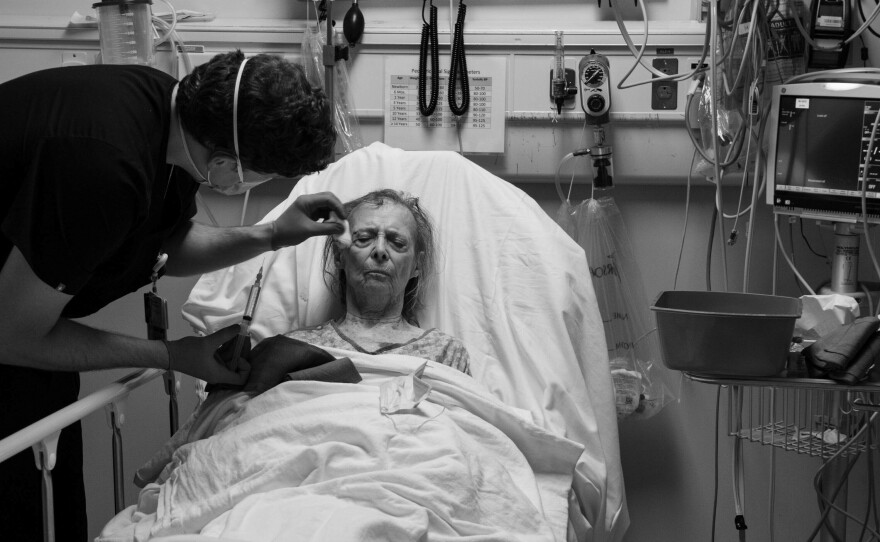 Audrey in the ER room for stitches after she fell in the bathroom during her chemotherapy treatment. Her oncologist stopped her treatments after this since it was the third fall in as many weeks. Aventura Hospital, Miami, Fla., June, 2020.
