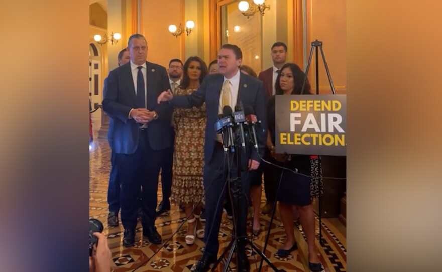 Republican state lawmakers are shown at a news conference in the capitol in Sacramento on August 18, 2025.