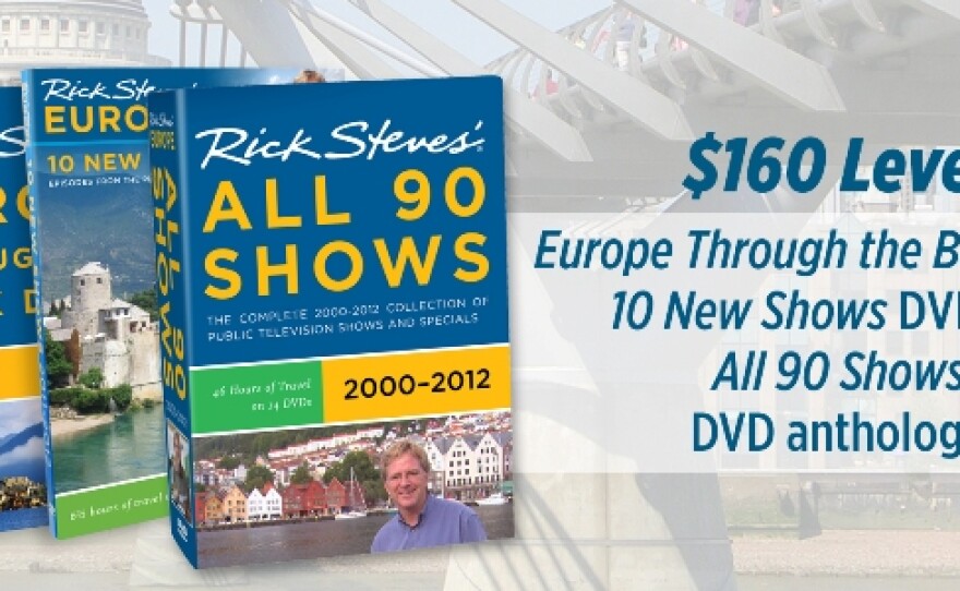 Give at the $160 level during our TV membership campaign and receive the Rick Steves' 90 Show DVD Anthology, 2-DVD set, a Rick Steves' 2012 Europe Through the Back Door Travel Skills Handbook, Europe Planning Map, Smithsonian magazine and Tour News - Best Destinations. This gift also includes enrollment in the myKPBS Savers Club plus additional online access to more than 130,000 merchant offers and printable coupons, as well as a KPBS License Plate Frame (if you're a new member).