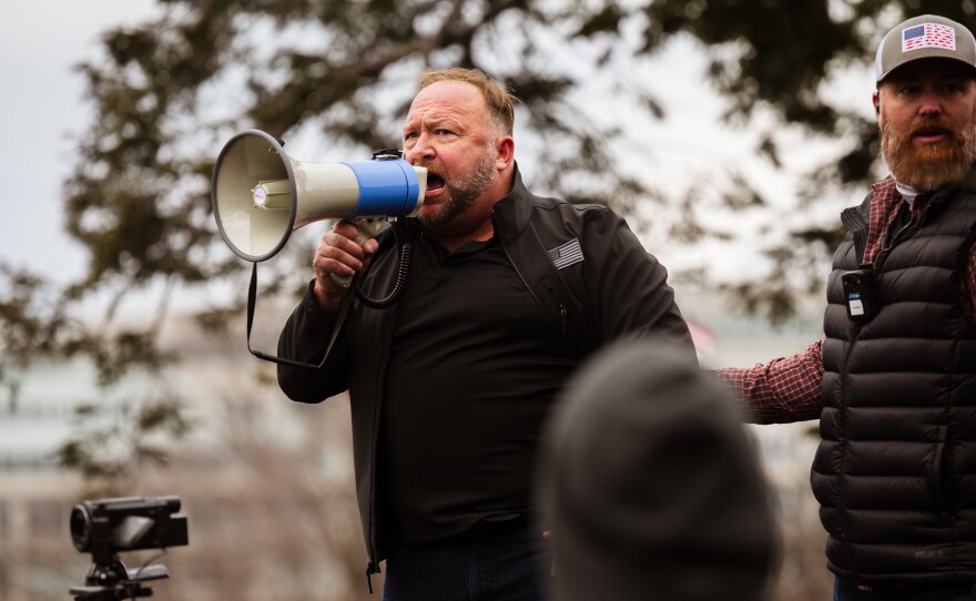 Alex Jones, the founder of right-wing media group Infowars, addresses a crowd of pro-Trump protesters on Jan. 6, 2021 in Washington, D.C.