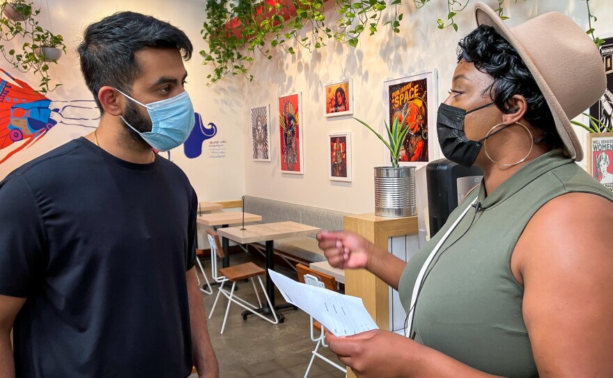 Monet Burpee (right) talks to the manager of a restaurant in Redwood City, CA on one of the job-scouting expeditions she undertakes on behalf of patients receiving a suite of interventions and services for psychosis.