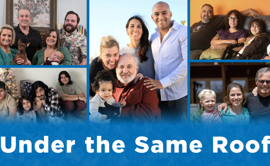 A collage of pictures of multigenerational families living in San Diego with the text "under the same roof" along the bottom.