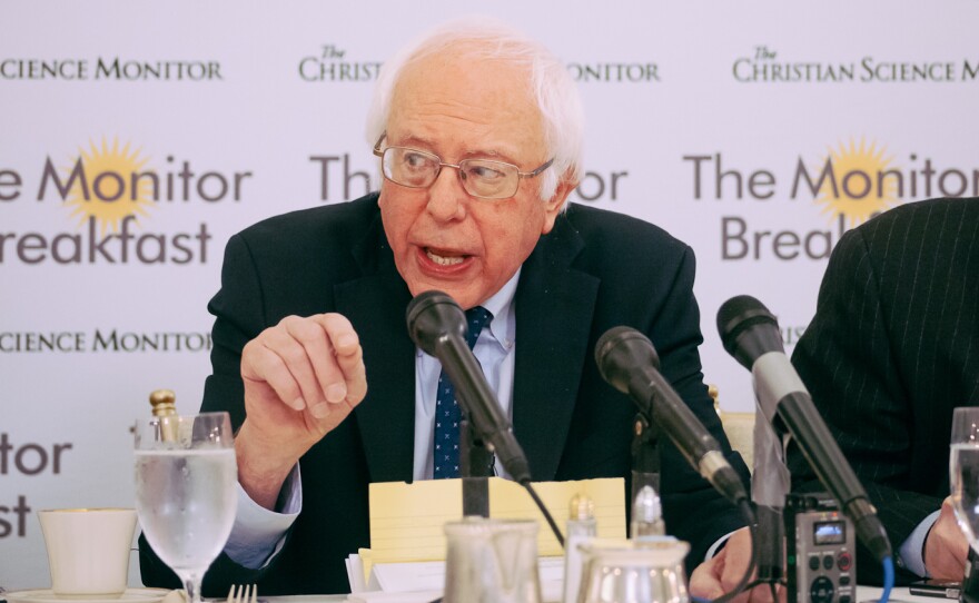 Sen. Bernie Sanders speaks at a Christian Science Monitor breakfast on Thursday morning at the St. Regis Hotel in Washington, D.C.