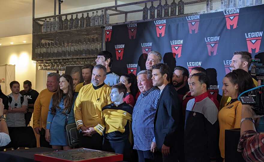 Original Captain Kirk, William Shatner, with "Strange New Worlds" Capt. Kirk, Paul Wesley, at the William Shatner handprint ceremony at the lobby of Theatre Box San Diego. July 21, 2022.