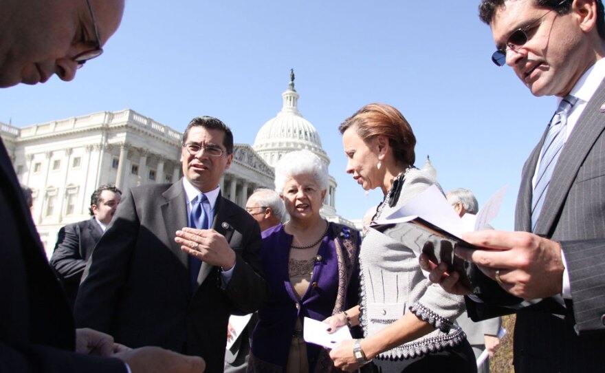 From left, Reps. Luis Gutierrez (D-IL), Xavier Becerra (D-CA), Grace Napolitano (D-CA), Nydia Velazquez (D-NY) and Pedro Pierluisi (D-PR) announce their support, along with other members of the Congressional Hispanic Caucus, for the health care overhaul bill on Thursday. But undecided Democrats — in particular, those from the fiscally conservative Blue Dog caucus — appeared in no rush to commit.