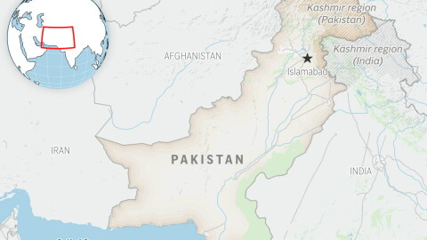 This is a locator map for Pakistan with its capital, Islamabad, and the Kashmir region.