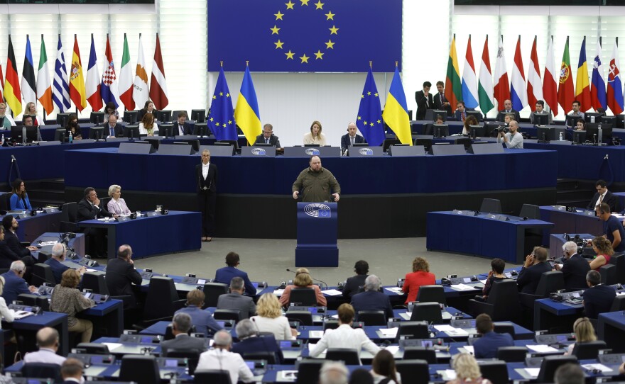 The Ukrainian parliament's Ruslan Stefanchuk delivers a speech at the European Parliament on Wednesday in Strasbourg, France.