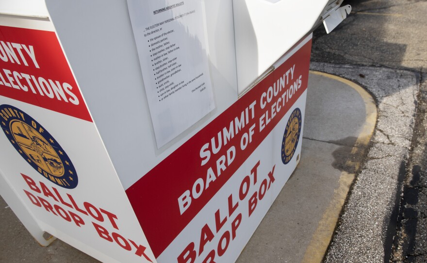 A ballot drop box is seen at the Summit County Board of Elections in Akron, Ohio, on April 5. Voters in Ohio and Indiana will select primary nominees Tuesday for a number of races, including Senate and House.