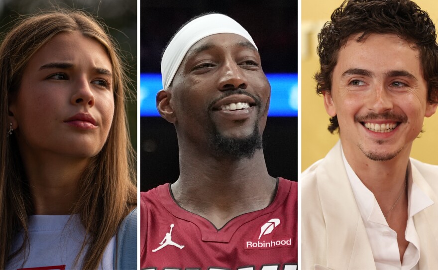 From left: Kai Trump, Bam Adebayo, Timothée Chalamet (or his reclusive twin, Tomothée).