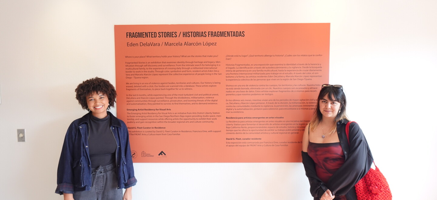 Eden DeLaVara (left) and Marcela Alarcón López (right) attend their end-of-residency exhibition at Arts District Liberty Station on April 16, 2026.